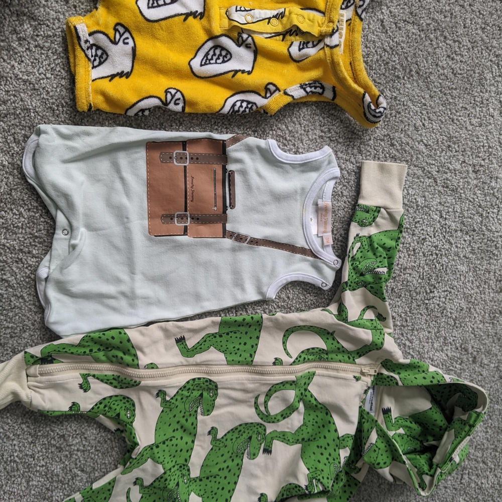3 Baby Rompers, Frenchy Yummy Paris, Hugo, Mini Rodini Organic